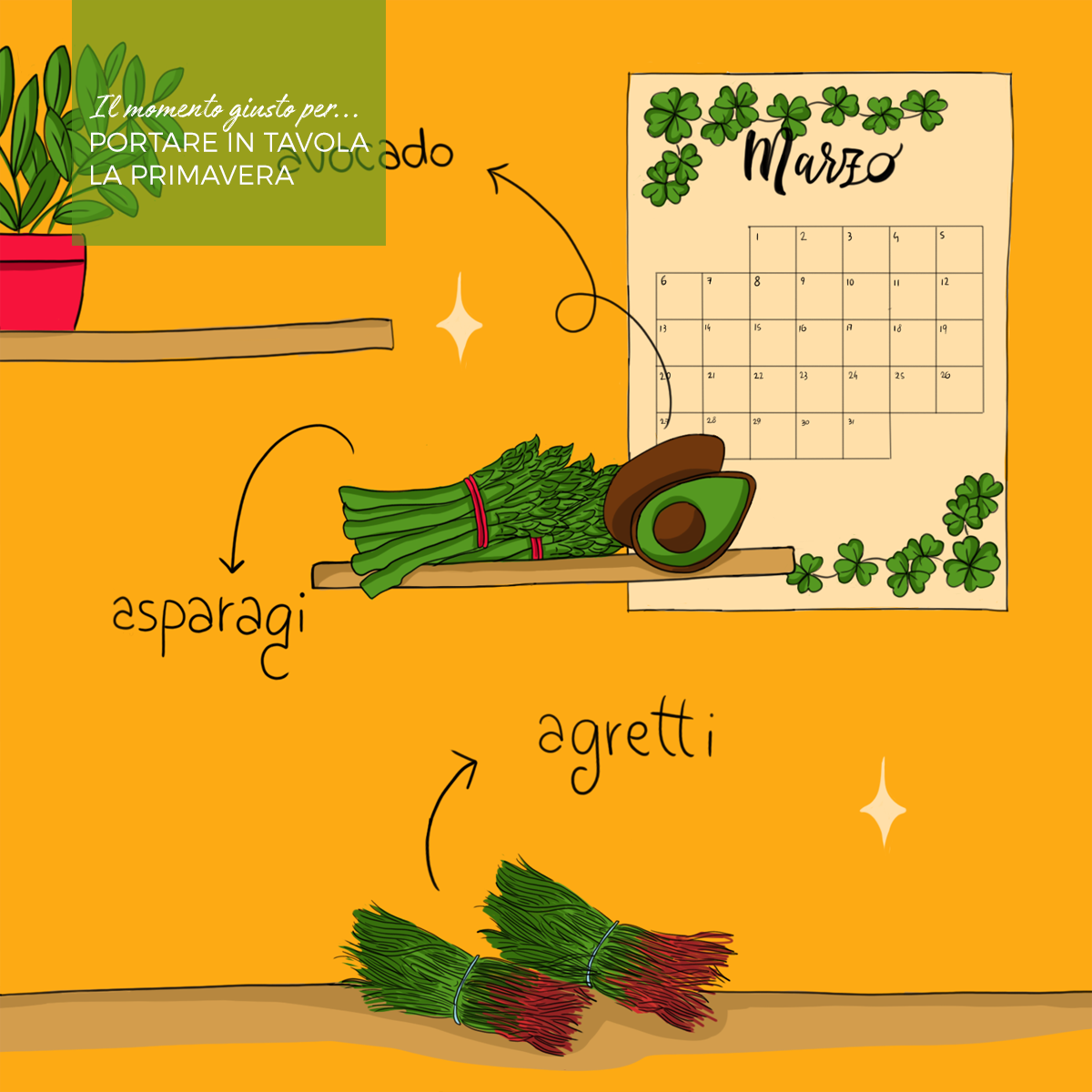 Illustrazione raffigurante tipici ingredienti della spesa di marzo