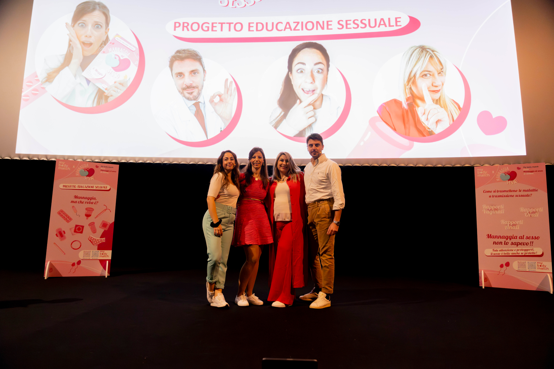 I relatori dell'evento ''My Body Match porta Mannaggia al Sesso al cinema'': Dott.ssa Chiara Di Pietro, Dott.ssa Francesca Romana Tiberi, Dott.ssa Micol Macrì e il Dott Antonio Rossi.