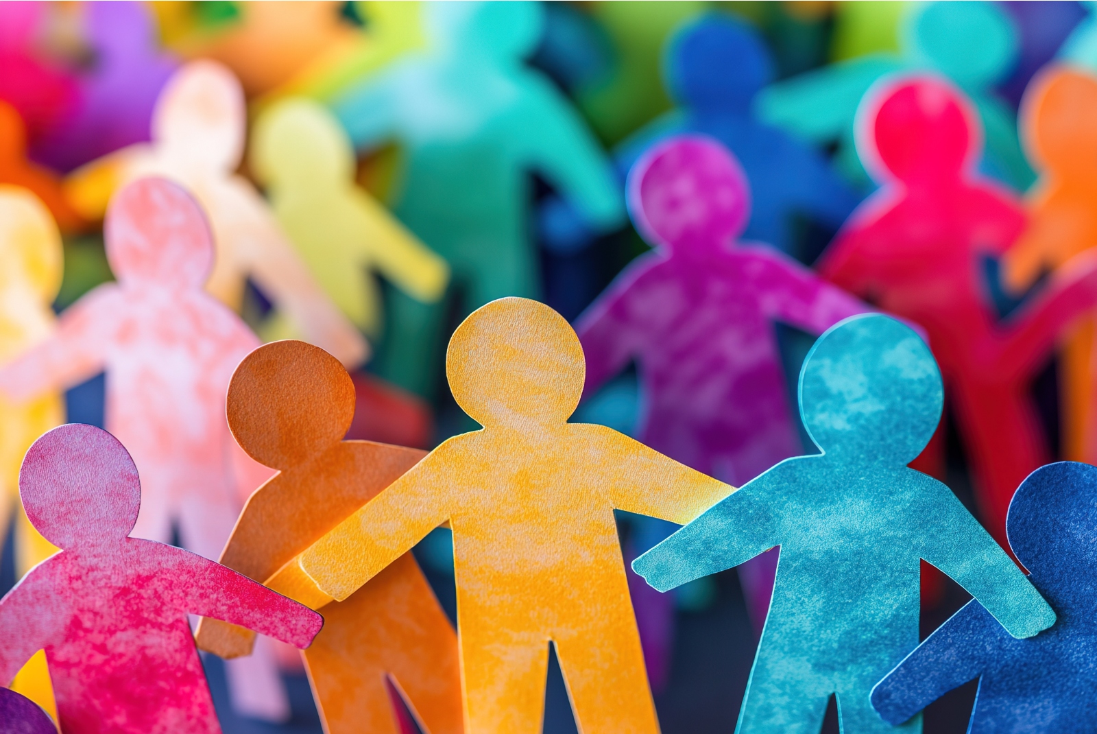 Concept per associazioni di volontariato: sagome di persone ritagliate su fogli colorati