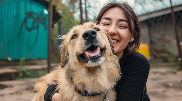 Concept per associazioni di volontariato: volontaria con cane in un canile