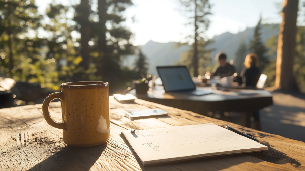 Concept per nomadi digitali: primo piano di una tazza di caffè su un tavolo all'aperto, vicino ad un block notes
