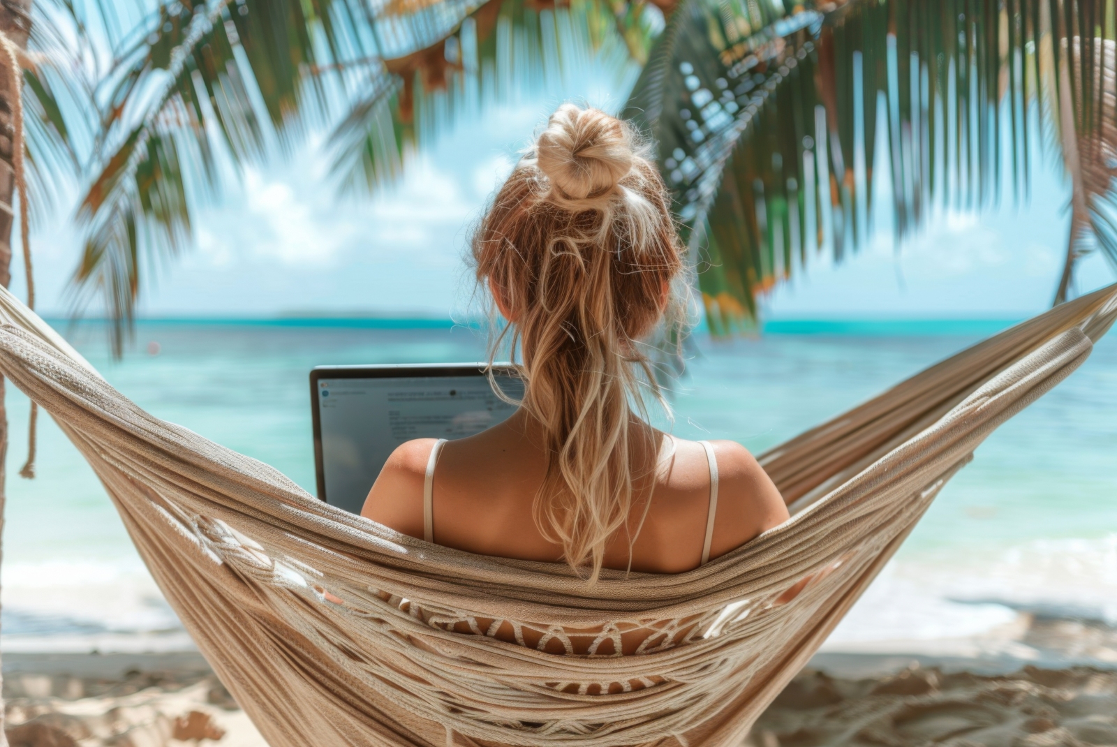 Concept per nomadi digitali: ragazza lavora con computer portatile su un'amaca davanti alla spiaggia