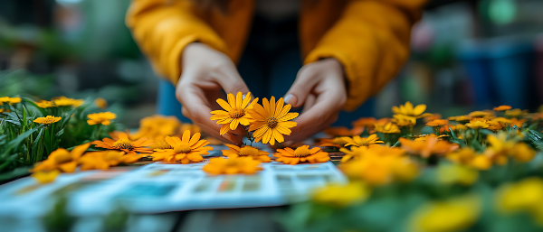 Concept per attività da fare nel tempo libero: close up su mani di donna mentre si dedica al giardinaggio e raccoglie gerbere gialle